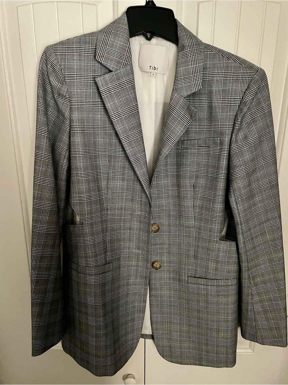 Tibi Adler Glenplaid wool, silk Blazer With Cut Outs Gray & White Size